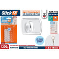 clear plastic square base hooks; compact size approximately 13x18mm; hooks hold up to 200g; pack of 20 hooks; easy pull tab for removal;