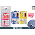 compact square plastic case; available in pink, blue, yellow colours; contains small scissors and multi-coloured threads; includes buttons, needles and safety pins; pocket-sized for travel;
