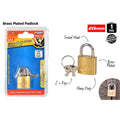 brass plated body; silver metal swivel shackle; comes with two silver keys on a ring; blue and red packaging with product branding; padlock size approximately 20mm;
