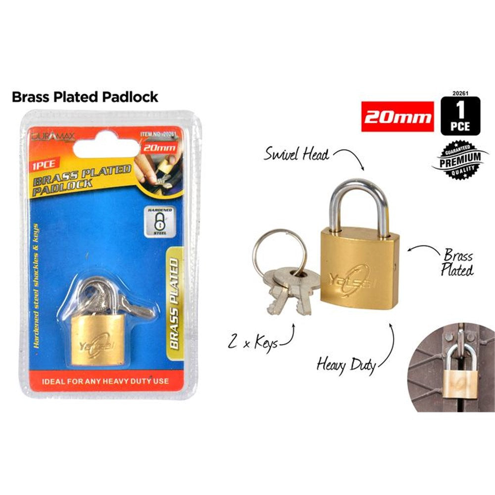 brass plated body; silver metal swivel shackle; comes with two silver keys on a ring; blue and red packaging with product branding; padlock size approximately 20mm;