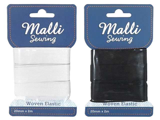 20mm wide woven elastic band; 2 metres length; white colour option; black colour option; packaged on blue labelled card;