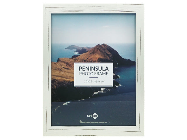 white distressed wooden frame; rectangular shape; glass front; 20x25cm size label; simple rustic style;