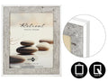 rectangular shape; stone-textured grey border; white inner edge; wall hanging and tabletop icons visible;