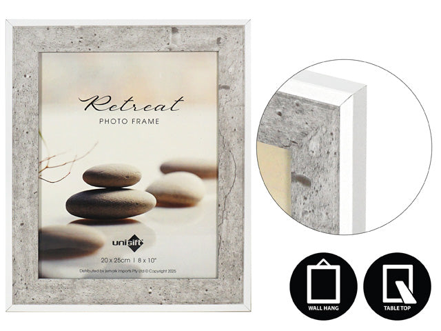 rectangular shape; stone-textured grey border; white inner edge; wall hanging and tabletop icons visible;