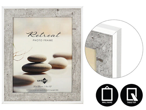 rectangular shape; stone-textured grey border; white inner edge; wall hanging and tabletop icons visible;