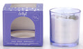 Purple box packaging with cut-out window; Clear glass container with light purple tint; White candle wax with small crystals embedded on top; Box displays text: Calm Peace Spirituality, 220g, 40hr burn time;
