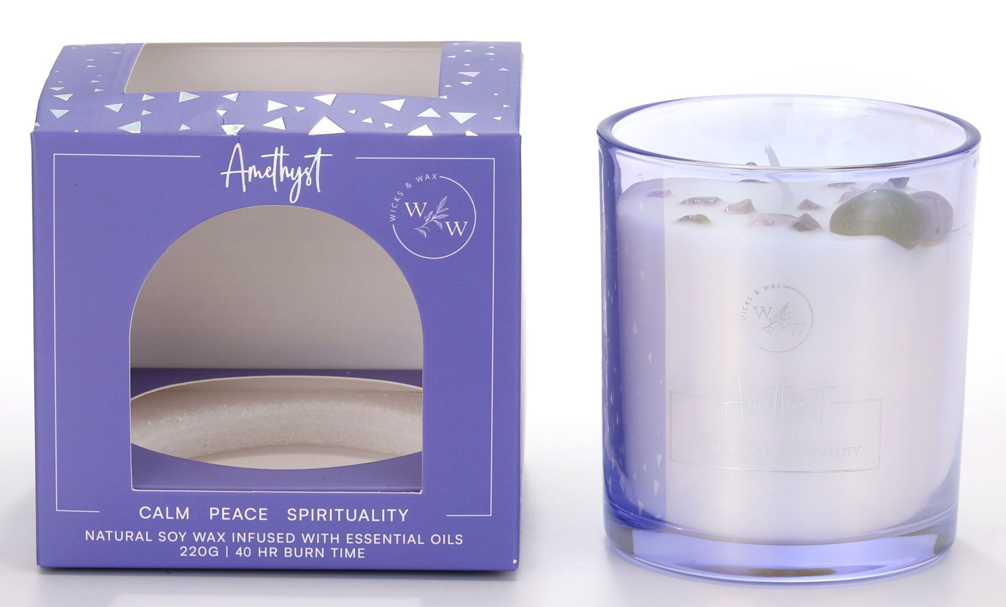 Purple box packaging with cut-out window; Clear glass container with light purple tint; White candle wax with small crystals embedded on top; Box displays text: Calm Peace Spirituality, 220g, 40hr burn time;