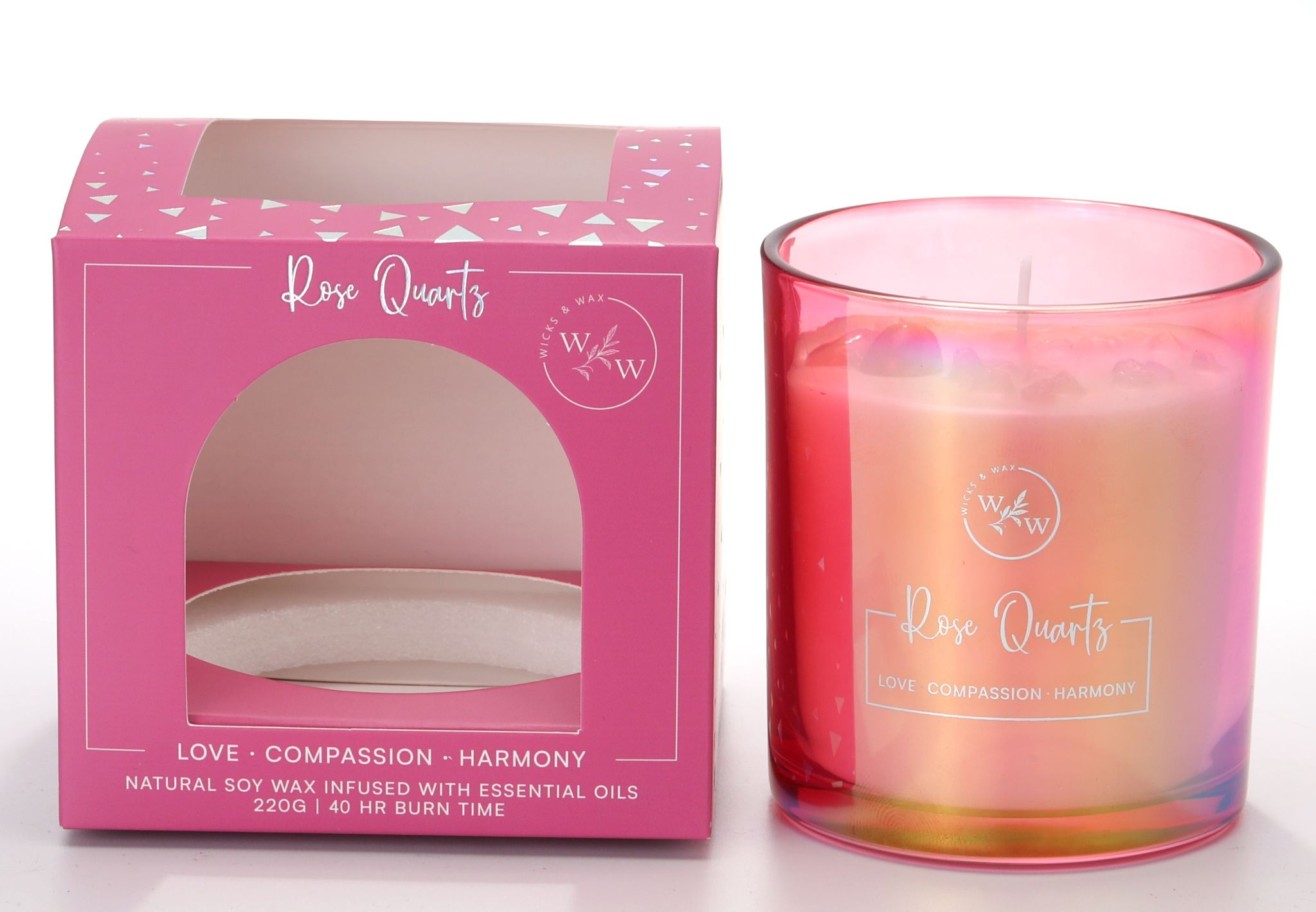 Pink iridescent glass holder; Candle infused with rose quartz crystals; Pink packaging box with window; Labelled with 'Rose Quartz' and scent details;