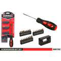 Black and red screwdriver handle with textured grip; Multiple screwdriver bits organised in small black holders; Clear plastic storage case for the set; Chrome vanadium steel label on packaging; Red and black packaging with DURAMAX branding;