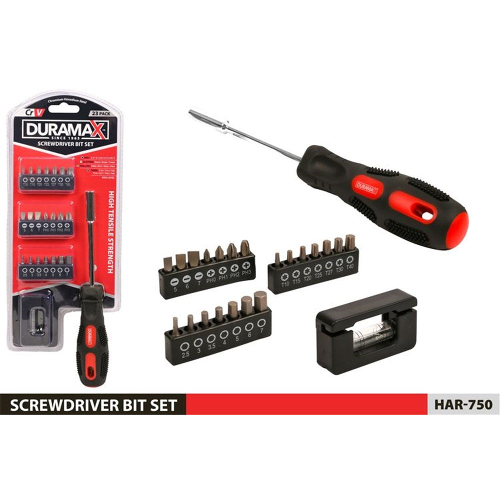 Black and red screwdriver handle with textured grip; Multiple screwdriver bits organised in small black holders; Clear plastic storage case for the set; Chrome vanadium steel label on packaging; Red and black packaging with DURAMAX branding;
