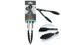 Black silicone scalloped tips; Stainless steel handles; Locking ring at the handle end; 23cm length; Packaged with a hanging tag;