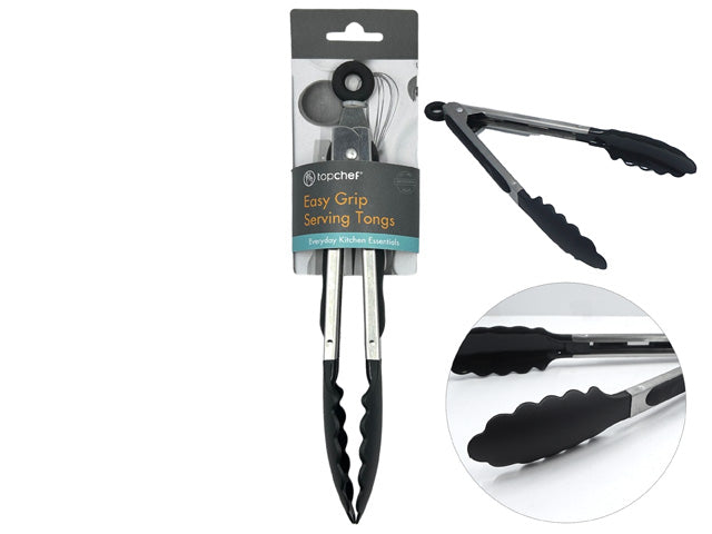 Black silicone scalloped tips; Stainless steel handles; Locking ring at the handle end; 23cm length; Packaged with a hanging tag;