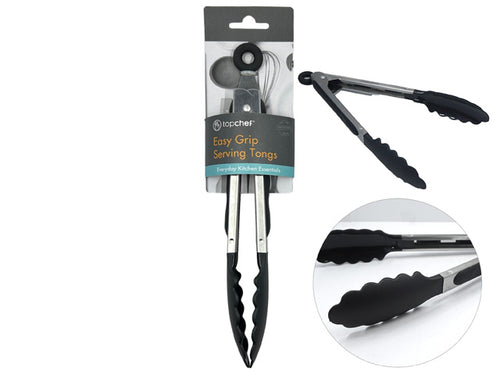 Black silicone scalloped tips; Stainless steel handles; Locking ring at the handle end; 23cm length; Packaged with a hanging tag;