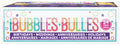 white rectangular box packaging; multicoloured text 'BUBBLES' on front; label states 24 pieces; mentions birthdays, weddings, anniversaries; plastic bubble bottles inside;