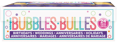 white rectangular box packaging; multicoloured text 'BUBBLES' on front; label states 24 pieces; mentions birthdays, weddings, anniversaries; plastic bubble bottles inside;