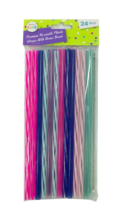 pack contains 24 plastic straws; striped and pastel colour design; includes thin cleaning brush; straws are long and slim; product is in clear plastic packaging with colourful header;
