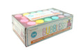 pack of 24 small plastic bubble bottles; pastel coloured caps including pink, yellow, green, blue, and purple; transparent box packaging with party-themed label; each bottle includes bubble wand inside;