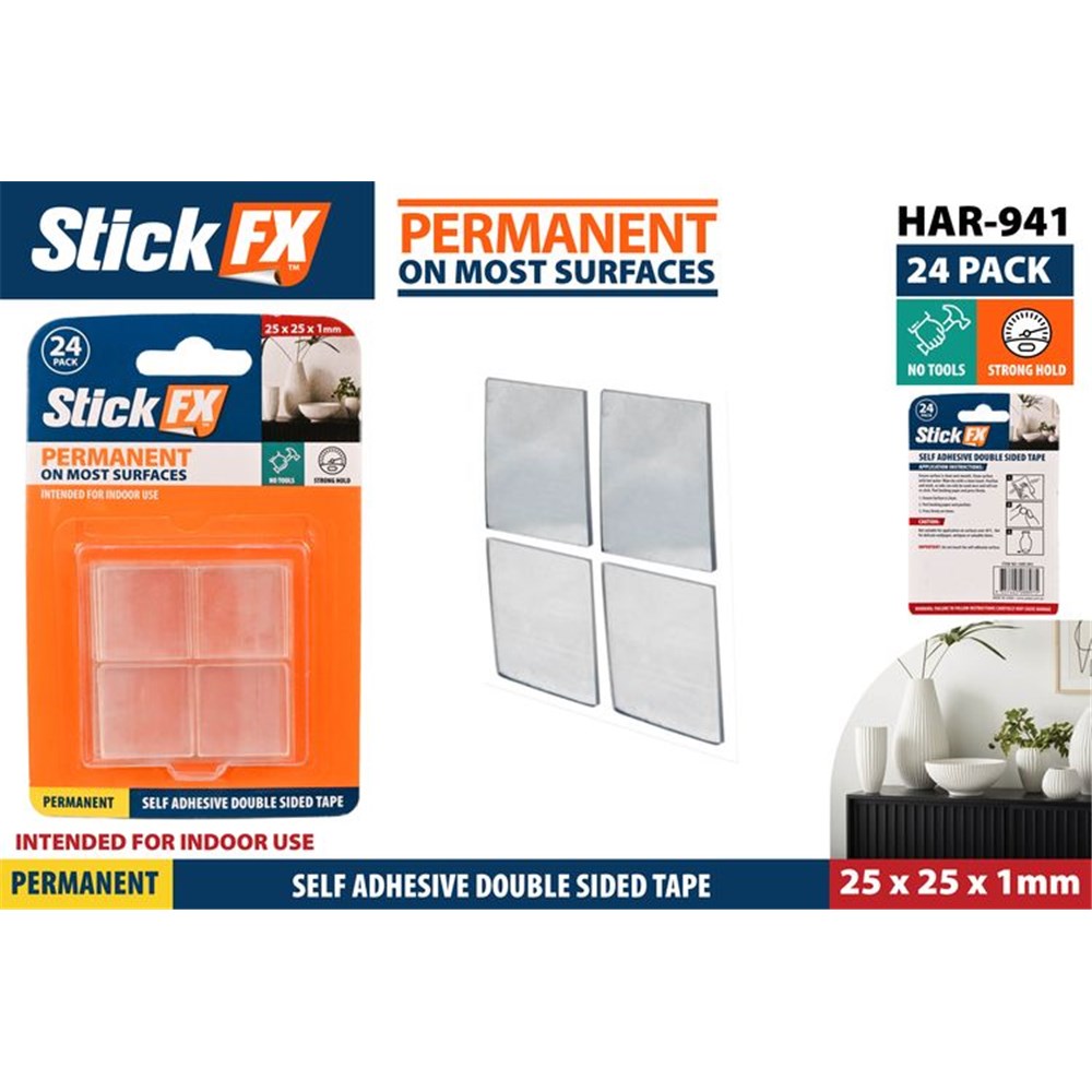 24 clear square tape pieces; packaging with blue and orange colours; size marked as 25x25x1mm; self-adhesive double-sided tape label;