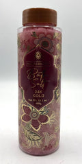 clear plastic bottle; brown screw cap; pink bath salts visible; floral gold and maroon label design; 400g net weight indicated;