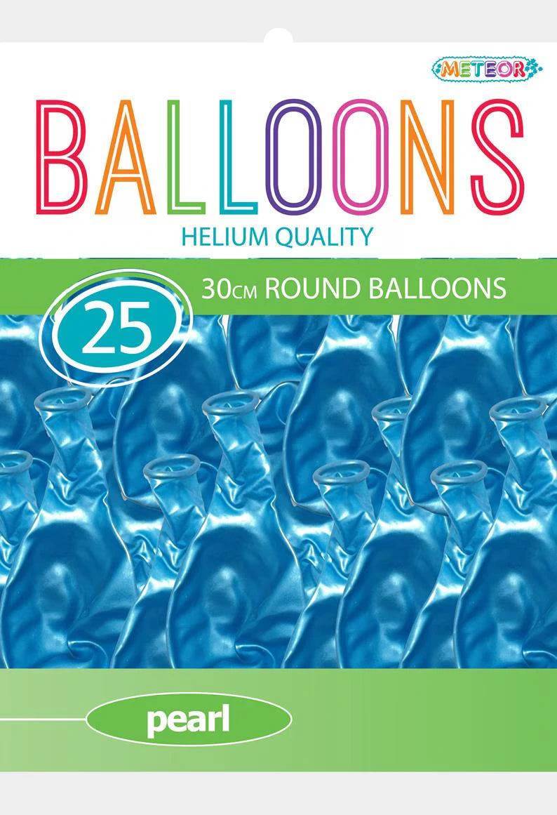 Pearl finish surface; Bright powder blue colour; Round 30cm size; Pack of 25 balloons; Latex material;