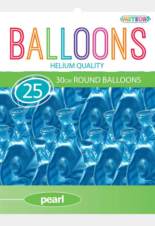 Pearl finish surface; Bright powder blue colour; Round 30cm size; Pack of 25 balloons; Latex material;