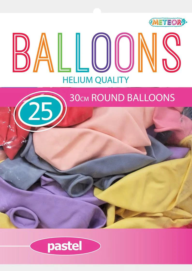 assorted pastel colours (purple, yellow, pink, blue, peach); round balloons; latex material; 30cm size; pack contains 25 balloons;