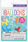 packaging shows multiple balloon animals in assorted colours; product contains 25 balloons; balloons are twist and shape type; balloons appear to be latex material; bright assorted colours including blue, red, yellow, white, orange;