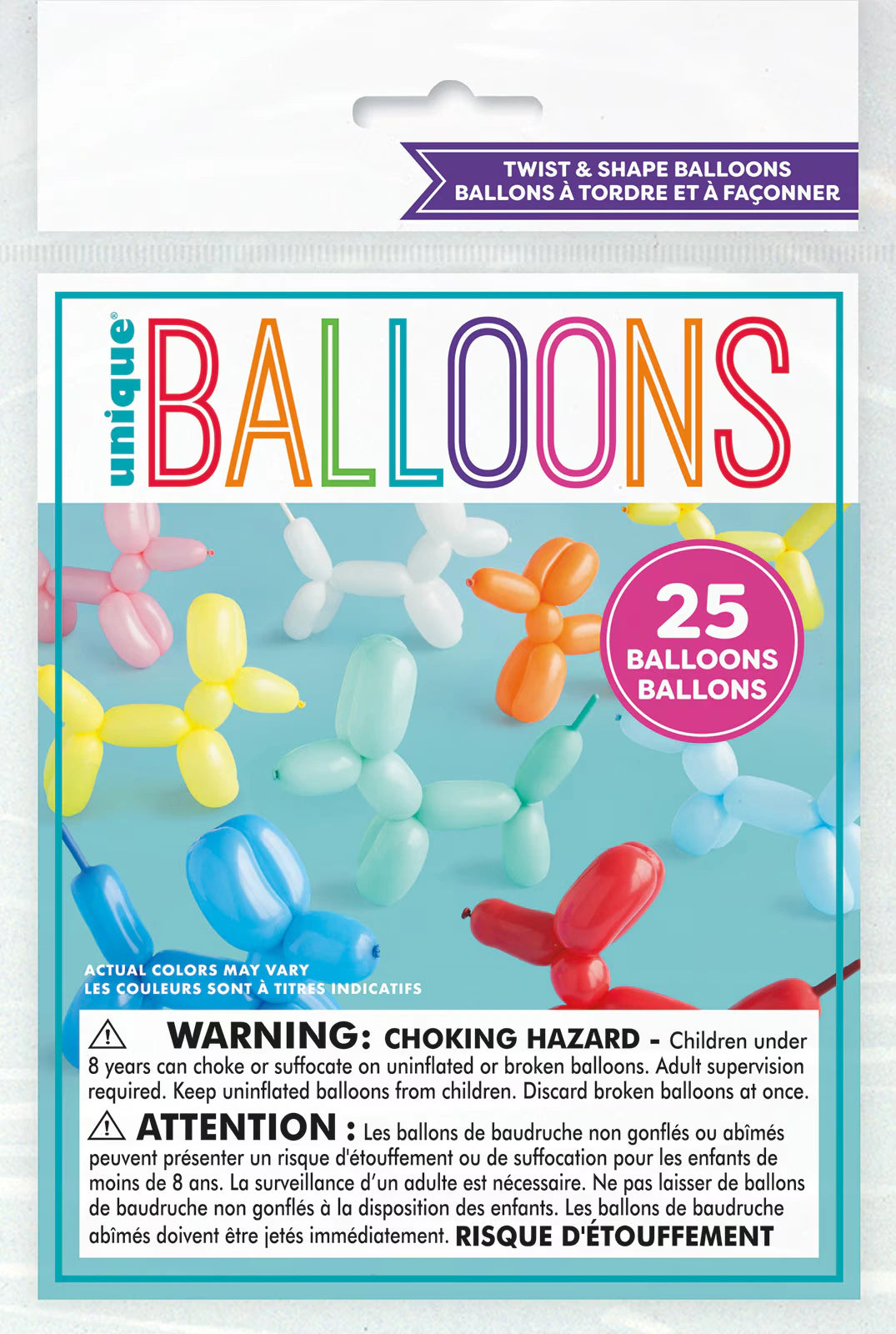 packaging shows multiple balloon animals in assorted colours; product contains 25 balloons; balloons are twist and shape type; balloons appear to be latex material; bright assorted colours including blue, red, yellow, white, orange;