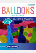 assorted bright colours; round shape; latex material; pack of 25 balloons; blue and yellow packaging;