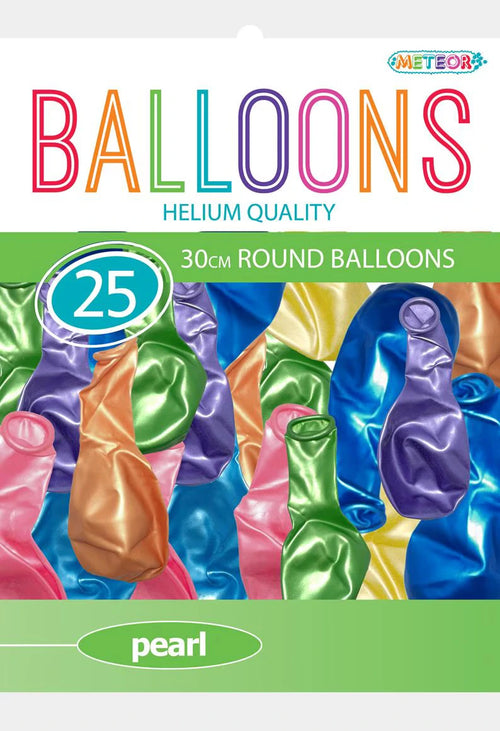 assorted colours; pearl finish; latex material; 30cm round shape; pack of 25;