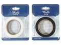 Roll of hemming tape visible in packaging; Tape available in white and black colour options; Packaged in clear plastic blister with blue label; Tape width marked as 25mm and length as 18m;