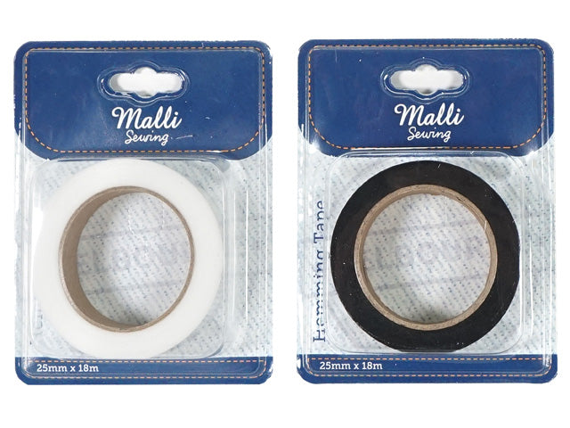 Roll of hemming tape visible in packaging; Tape available in white and black colour options; Packaged in clear plastic blister with blue label; Tape width marked as 25mm and length as 18m;