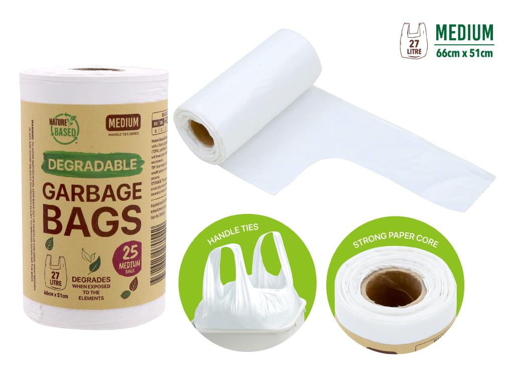 white degradable plastic material; roll packaging with strong paper core; medium size 27 litre marked on packaging; handle tie design for closure; packaging label shows brown and green print;