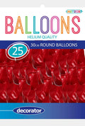 bright red colour; round balloons; latex material; pack of 25; decorator style packaging;