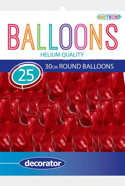 bright red colour; round balloons; latex material; pack of 25; decorator style packaging;