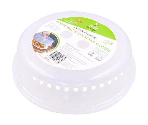 clear plastic material; round shape; 26cm diameter; 6.5cm height; label on top with usage instructions;