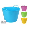 round basket shape; bright colours including blue, yellow, green, purple; two handles on each basket; smooth flexible plastic material;