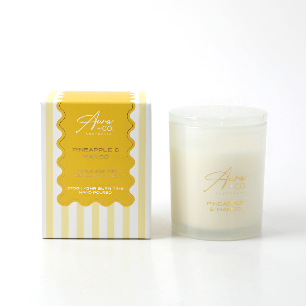 Frosted glass jar and lid; Yellow and white packaging; Gold text label on jar and box; Square box with stripes and wavy edge design;