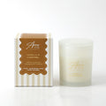 Frosted glass jar with matching lid; Gold print label on jar; Box with white and beige stripes; Brown label on box with product details;