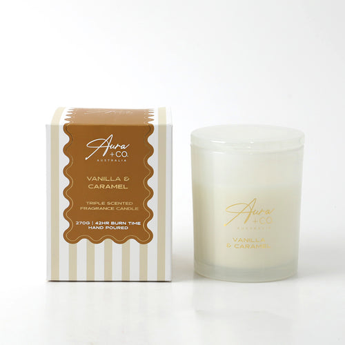 Frosted glass jar with matching lid; Gold print label on jar; Box with white and beige stripes; Brown label on box with product details;