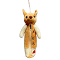 soft plush material; kangaroo shaped; light brown and cream colours; AUS embroidered on front; zipper closure with loop handle;