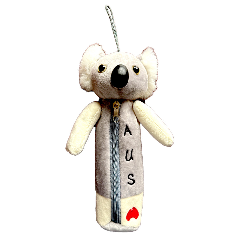 koala shaped plush pencil case; light grey and cream colours; zipper closure on front; embroidery on front spelling 'Aus'; plush fabric with soft texture;