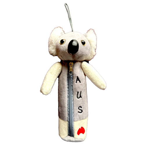 koala shaped plush pencil case; light grey and cream colours; zipper closure on front; embroidery on front spelling 'Aus'; plush fabric with soft texture;