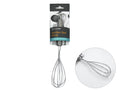 metallic stainless steel whisk; 28cm length; wire loop head; cylindrical handle; packaged with branded label;