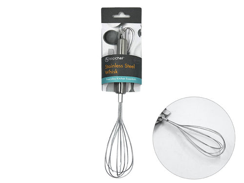 metallic stainless steel whisk; 28cm length; wire loop head; cylindrical handle; packaged with branded label;