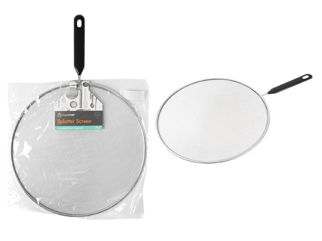 28cm round stainless steel mesh screen; black handle with hanging hole; thin metal rim surrounding mesh; packaged in clear plastic with label;