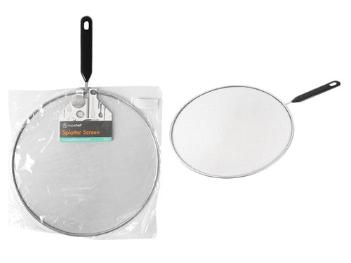 28cm round stainless steel mesh screen; black handle with hanging hole; thin metal rim surrounding mesh; packaged in clear plastic with label;