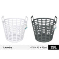 white flexible laundry basket; dark grey flexible laundry basket; oval ventilation holes; built-in handles; plastic material;