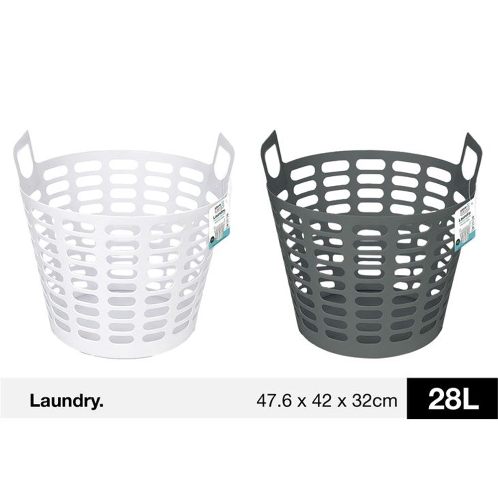white flexible laundry basket; dark grey flexible laundry basket; oval ventilation holes; built-in handles; plastic material;