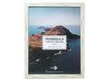 whitewashed wooden frame; rectangular shape; 28x36cm size; displaying coastal photo artwork;